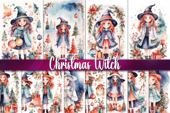Watercolor Christmas Witches Backgrounds: Festive Enchantment