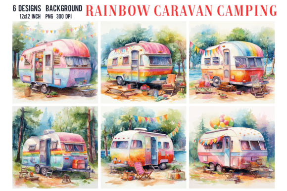 Watercolor Rainbow Caravan Camping Backgrounds for Creative Projects